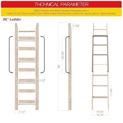 96in Solid Wood Sliding Library Ladder, 8 Step Wooden Ladder with Handrails - size: Height 96"