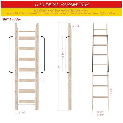 96in Solid Wood Sliding Library Ladder, 8 Step Wooden Ladder with Handrails - size: Height 96"