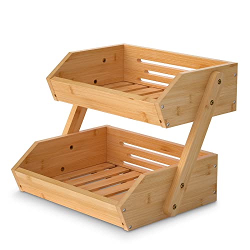 Bamboo Tiered Fruit & Vegetable Storage Bowl Stand for Kitchen Countertop - Produce Basket for Potato, Onion, Bread, Snack Storage - size: 2 Tier Bamboo