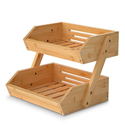 Bamboo Tiered Fruit & Vegetable Storage Bowl Stand for Kitchen Countertop - Produce Basket for Potato, Onion, Bread, Snack Storage - size: 2 Tier Bamboo