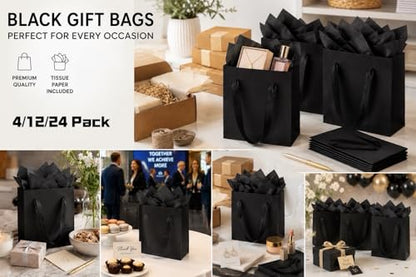 Treelement 22 Pack 4.7×2.3×6.3 Inch Small Black Gift Bags with Tissue Paper - color: Black