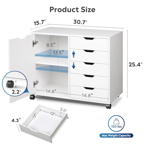 DEVAISE 5-Drawer Wood Drawer Cabinet, Office Storage Cabinet, White - color: White