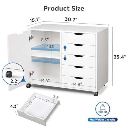 DEVAISE 5-Drawer Wood Drawer Cabinet, Office Storage Cabinet, White - color: White