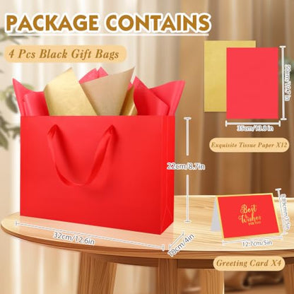Epoesch 4 Pack Medium Red Gift Bags with Handles and 12 Tissue Papers - color: Red Gift Bags