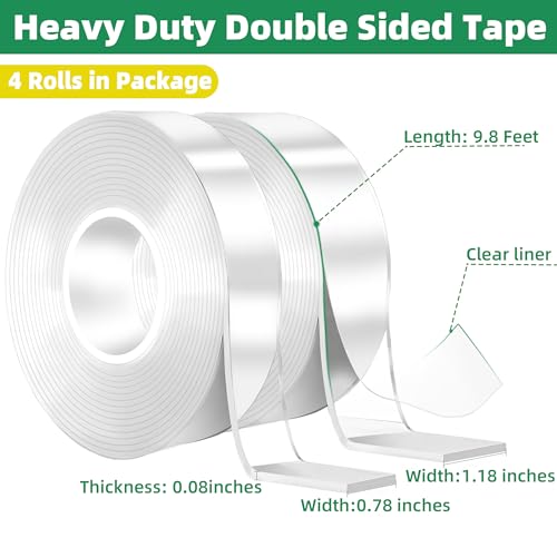 4 Rolls Double Sided Tape Heavy Duty, Nano Tape Double Sided Mounting Tape