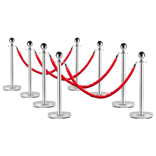 4 Pcs Commercial Stainless Steel Stanchion Posts with 2x5ft Red Velvet Ropes, Quick Setup, Crowd Control Posts and Ropes, Event Barrier with Hollow Base for Queue/Party/Red Carpet