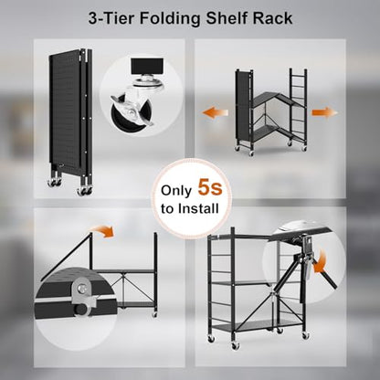 Himix 3 Tier Foldable Storage Shelf with Wheels 6 Hooks No Assembly Black - color: Black, size: 3-Tier