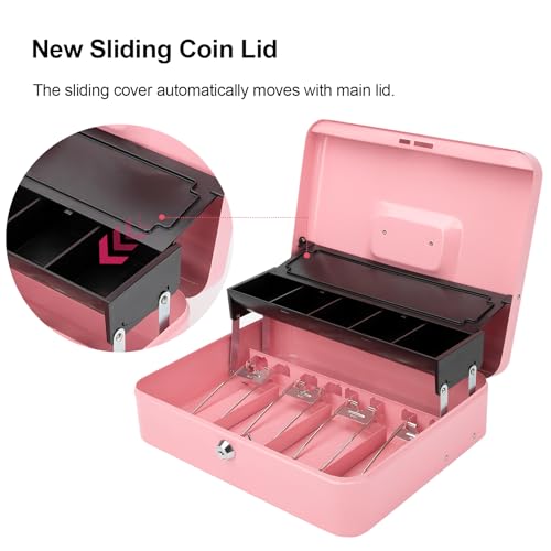 Jssmst Metal Cash Box with Money Tray and Lock, Portable Cash Drawer, 11.8" - color: Pink Key-C