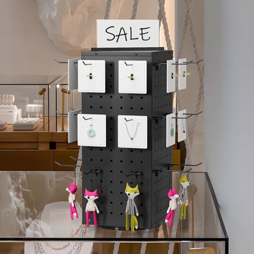 Rotating Pegboard Display Stand With 24 Hooks ,Metal Spinning Peg Board Displays, Desk Pegboard,Merchandise Display Rack for Selling Accessories Vendors & Events Retail Craft Shows & Fairs ( Black) - color: Black