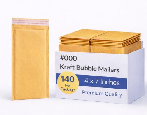 #000 Kraft Bubble Mailers 4x7, 140 Pack, Padded Shipping Envelopes, Self Seal Bubble Mailers, Kraft Mailing Envelopes for Jewelry, Trading Cards, Coins, Small Business Shipping