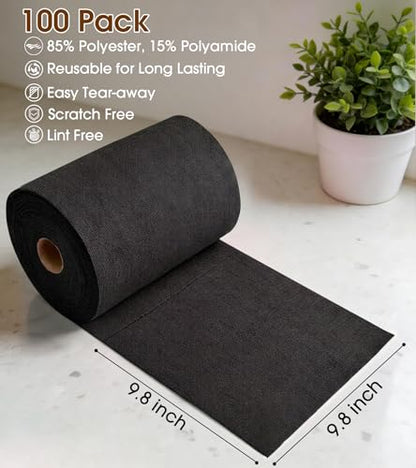 KitchLife Microfiber Cleaning Cloth Roll, 100 Pack - Tear-Away Microfiber Paper Towels, Lint-Free, Reusable, Washable for Kitchen, Car, Dishes, and Sensitive Surfaces (Black) - color: Black, size: 100 Pack
