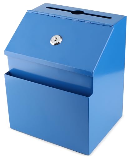 Suggestion Box with Lock and keys, Metal Wall Mounted Ballot Box, Iron steel Donation and Collection Drop Box 8.5" H x 6" W x 7" L with wide 5.5" Slot and front sheet holder (Blue) - color: Blue, size: Tabletop Box with Lock and Keys