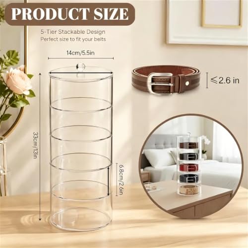 ZENFUN 5 Layers Acrylic Belt Organizer, Stackable Belt Storage Box Clear Display Case Vanity Organizer for Watch, Hair Accessories, Jewelry, Closet and Drawer, 2.6" H x 5.5" Dia