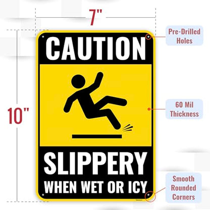 2PC Caution Slippery When Wet Or Icy Sign, 10 x 7 Inches - Aluminum