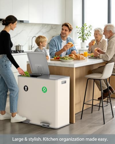 Dual Trash and Recycling Bins for Kitchen,2*13.2 Gal Dual Trash Can,Apricot - color: Apricot, size: 2 * 13.2 Gallon