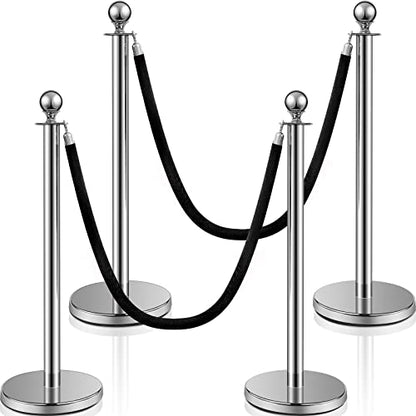 Ferraycle 4 Pcs Crowd Control Stanchions and Velvet Ropes 5 ft Poles Silver Crowd Control Barriers Black Ropes Stainless Steel Stanchions Post for Party Supplies
