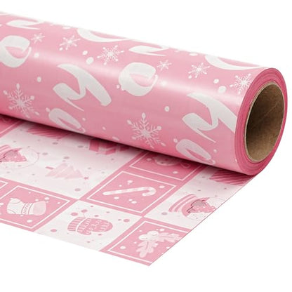 Ulmasinn Reversible Christmas Wrapping Paper Pink Mini Roll 17 Inches X 33 Feet for Girls Kids,printed with “Ho Ho” and Pink Holiday Collection Design for Festivals, Parties, Celebrations - color: Christmas Pink
