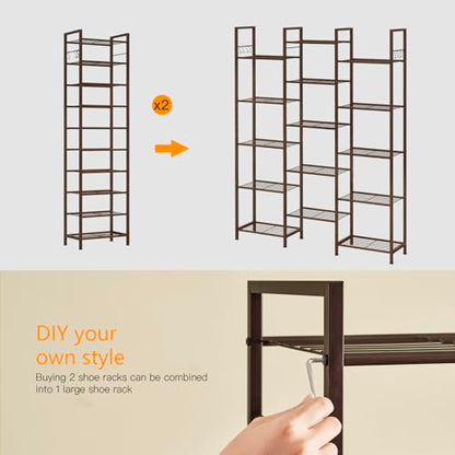 usikey 10 Tiers Narrow Shoe Rack 20-30 Pairs, Sturdy Metal Tall Shoe Rack Shelf with 4 Hooks, Slim Shoe Storage with Metal Shelf, Space Saving Vertical Shoe Organizer for Closet Entryway, Bronze - color: 10 Tier ( 17.9 X 11 X 69.2 Inches)-bronze