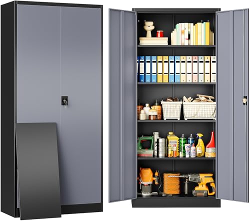 SISESOL Metal Storage Cabinet with 2 Doors and 5 Shelves,Gray Metal Cabinet with Lock,71" Lockable Garage Storage Cabinets,Locking Steel Cabinets for Home,Office,Garage,School - color: Black Gray, size: 71"H x 31.5"W x 16"D-B