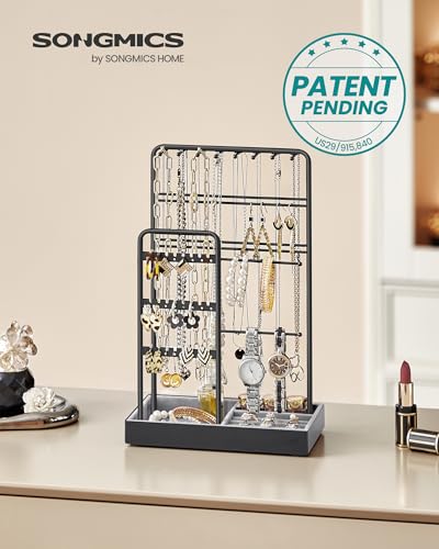 SONGMICS Jewelry Holder, Display Stand, Metal Frame, Velvet Tray - color: Ink Black, size: 4.5"D x 7.7"W x 12.1"H