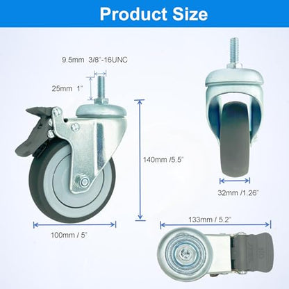 4 inch Swivel Caster Wheels Heavy Duty with Nylon Brake, 3/8"-16x1 Threaded Stem Casters Set of 4, TPR Rubber Wheels for Hospital, Lab, Furnitures,Restaurant - color: Grey TPR, size: 3/8"-16x1", style: 4 PA brake