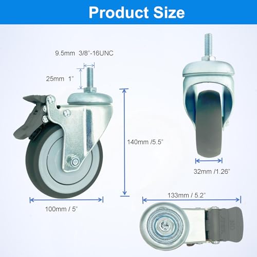 4 inch Swivel Caster Wheels Heavy Duty with Aluminum Brake, 3/8"-16x1 Threaded Stem Casters Set of 4, TPR Rubber Wheels for Hospital, Lab, Furnitures,Restaurant - color: Grey TPR, size: 3/8"-16x1", style: 4 AL brake