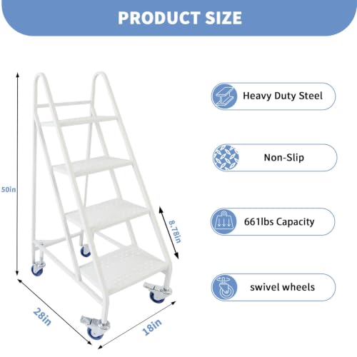 4 Step Rolling Ladder, 661LBS Capacity Portable Stairs with Locking Wheels