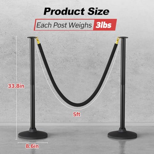 BATTIFE 2 Pack Plastic Stanchion Posts, Black Velvet Rope, Crowd Control - color: Black, size: 33.8inch