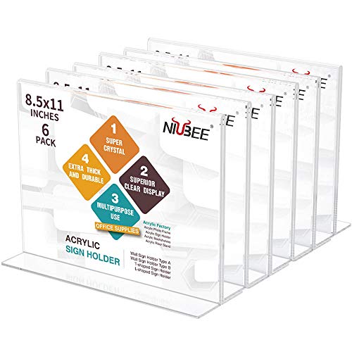 NIUBEE Acrylic Sign Holder 8.5 x 11 Horizontal T-Shape Flyer Stand 6 Pack - size: 8.5 x 11 Inches Horizontal