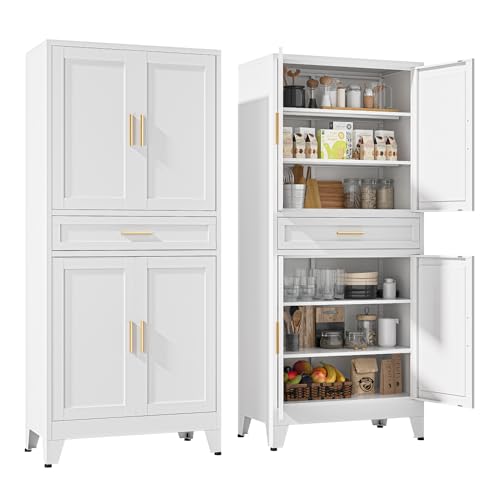 YAUWOH 71''Tall Kitchen Pantry Cabinet with Drawer,6-Tiers Metal Pantry Storage Cabinet with 4 Adjustable Shelves and 4 Barn Doors, Freestanding Farmhouse Food Cupboard for Dining Room (1PC,White) - color: White, size: 71"H 4 Door 1 Drawer-Embossed Door