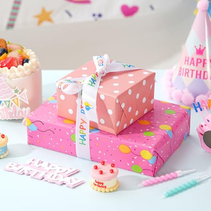 Ulmasinn Reversible Birthday Wrapping Paper Roll - 17" x 16.4 Ft, Double Sided Balloon & Polka Dot for Kids Gifts, Baby Shower, Party - color: Balloon & Pink Birthday