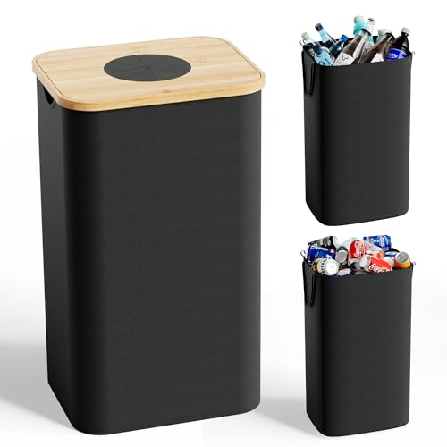 26 Gallon (100L) Recycling Bins for Kitchen with Bamboo lid, Black - color: Black