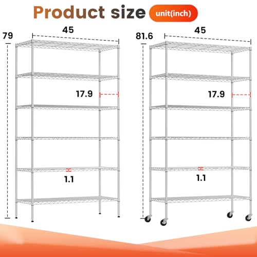 BestOffice | 6-Tier Wire Shelf with Wheels | 45" x 18" x 82" | Chrome - color: Chrome, size: 45"W x 18"D x 82"H