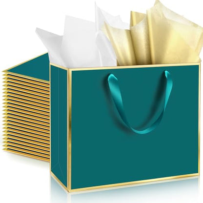 ReliThick 12 Pack Paper Gift Bag with Handles & Tissue, Turquoise,Gold - color: Turquoise,Gold