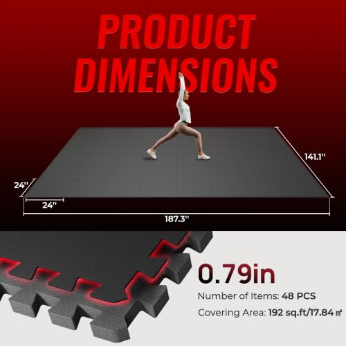 SUPERJARE 0.79'' Extra-Thick 48 Pcs 192 Sq Ft Exercise Equipment Mats - color: Black, size: 48 Tiles (192 Sq Ft)