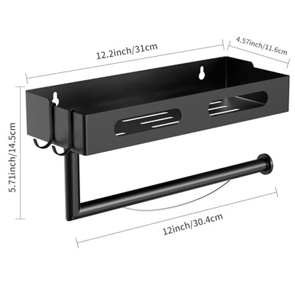 Paper Towel Holder Wall Mount for Kitchen, Paper Towel Holder with Shelf for Bathroom, RV Paper Towel Rack, Spice Rack with 2 Hooks,Matte Black - color: Matte Black