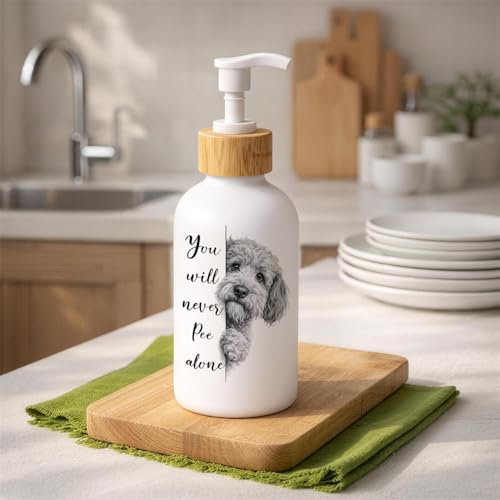 Goldendoodle Dog Bathroom Soap Dispenser, Goldendoodle Lover Gifts Glass Hand Soap Dispenser with Pump, Funny Dog Refillable Handsoap Liquid Bottle for Bathroom Countertop - color: Funny Goldendoodle