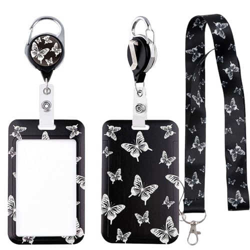 Butterfly Badge Holder with Lanyard, Simple Vertical Plastic ID Card Holder with Silky Neck Lanyard and Retractable Reel Clip, Black Teacher Lanyards with Keychain for Women, Girls, Nurse - color: Butterfly1