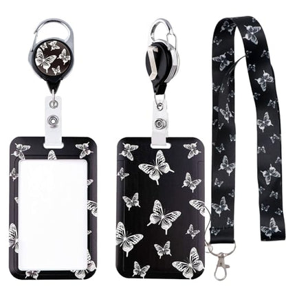 Butterfly Badge Holder with Lanyard, Simple Vertical Plastic ID Card Holder with Silky Neck Lanyard and Retractable Reel Clip, Black Teacher Lanyards with Keychain for Women, Girls, Nurse - color: Butterfly1