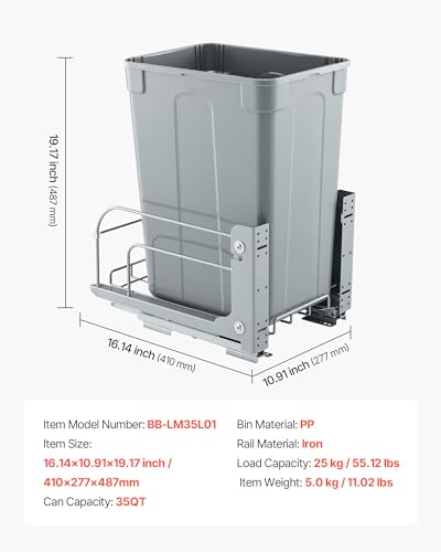 VEVOR Pullout Trash Can for Kitchen Cabinets, 35 QT Garbage Waste Recycling Bin, Under Mount Waste Container, with Heavy Duty Metal Soft Close Sliding System and Door Kit, for Sink, Under Counter - size: 35 QT, style: With Soft Close