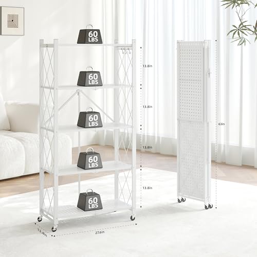 Fenbeli 5-Tier Folding Metal Storage Shelves with Wheels, 750 lb Capacity - color: White, size: 5 Tier