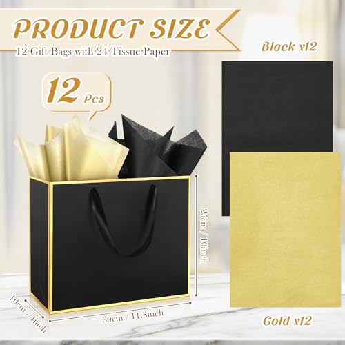 ReliThick 12 Pack Paper Gift Bag with Handles & Tissue, Black, Gold - color: Black, Gold