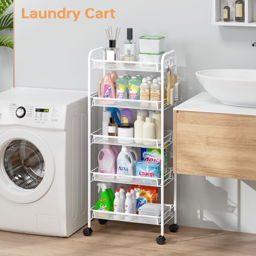 TOOLF 5 Tier Rolling Cart, Metal Utility Storage Cart with Wheels, White - color: White, size: 5-Tier
