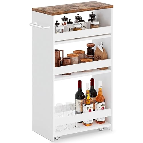 MARTY Slim Rolling Storage Cart 7.9" W Laundry Cart with Wheels,Brown+White - color: White, size: 7.9"D x 15.75"W x 31.5"H