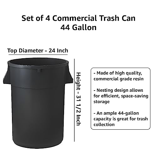 Set of 4 Round Commercial Trash Can 44 Gallon, Industrial Recycling Bin, Durable Garbage Can, Safe Food Container, Ingredient Bin (Black) - color: Black