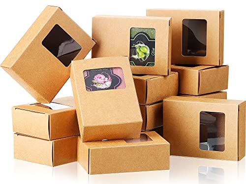 Spakon 30 Pcs Brown Soap Boxes with Window, 3.5x2.6x1.2 Inch Kraft Paper - color: Brown