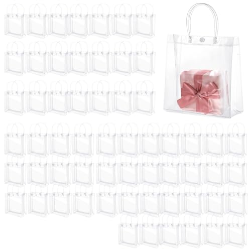 60 Pcs Clear Plastic Gift Bags with Handle Reusable Small Transparent PVC Wrap Tote Bags 5.9X5.1X2.8 inches for Bachelorette Bridesmaid Wedding Birthday Christmas Party Favor