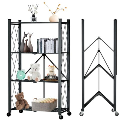 4 Tier Foldable Storage Shelf with Wheels, Metal Steel Collapsible Shelves - color: Black, size: 4 Tier
