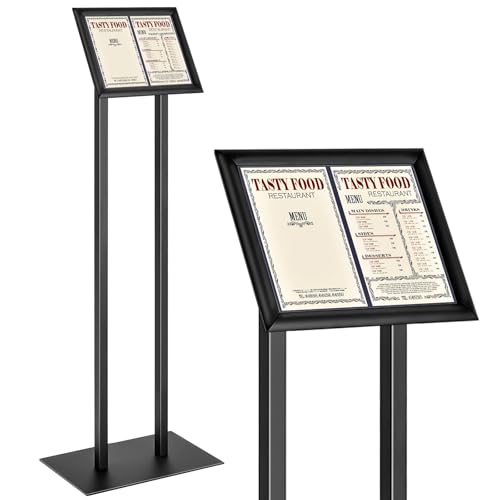Floor Standing Sign Holder Menu Stand Metal Pedestal Poster Board Stand 8.5 x 11 Inch Advertisement Display Aluminum Snap Open Frame for Outdoor Restaurant Cafe Hotel, Black