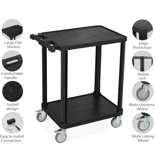 Leadzm 2-Tier Plastic Flat Utility Cart, Commercial Rolling Service Cart on Wheels with Braker, Multi-Function Handle and Large CapacityStorage,Perfect for Warehouse Garage Office,Black